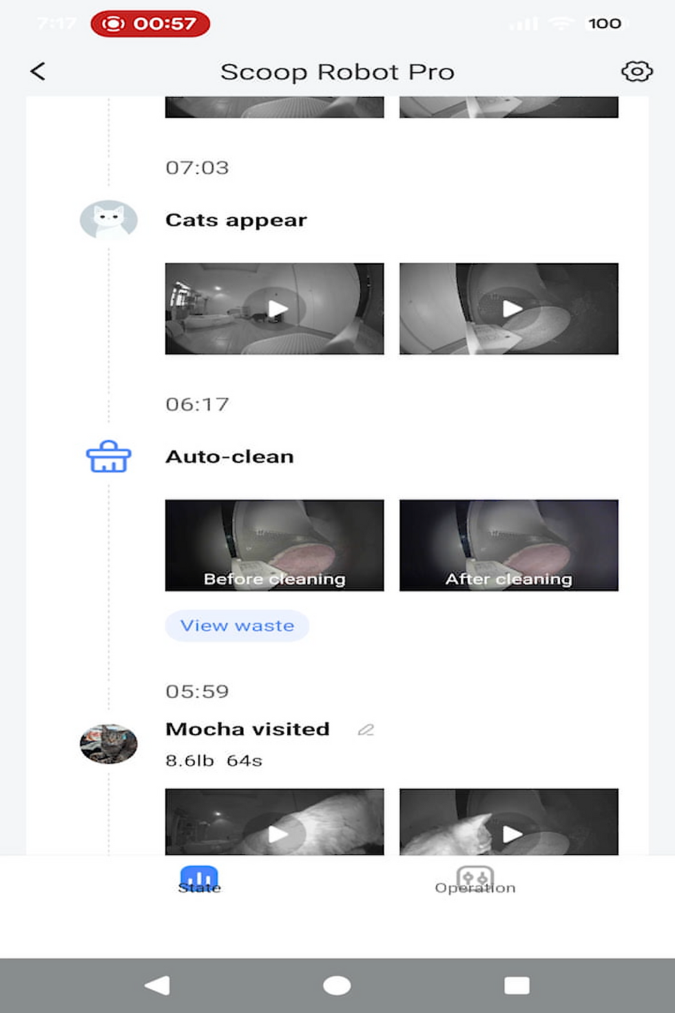 Scoop Robot Pro app screen showing cat activity, auto-clean, and before/after cleaning thumbnails for Mocha.