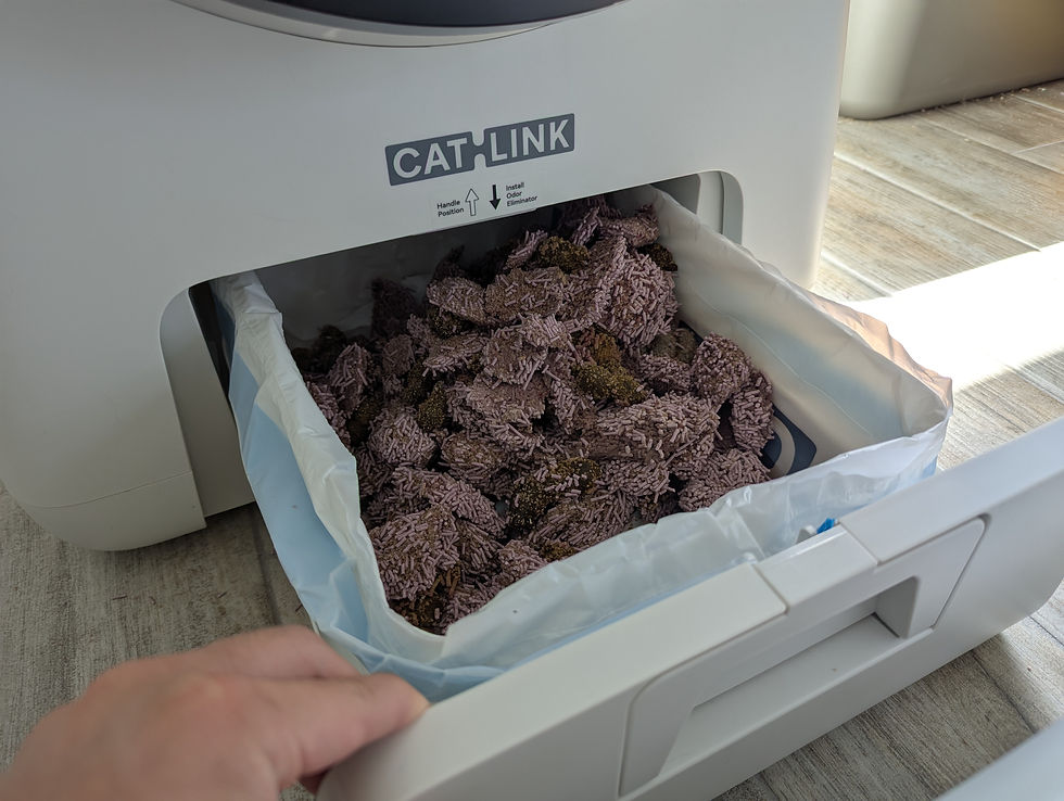 Hand pulls out a CATLINK self-cleaning litter box drawer filled with clumped purple cat litter on a wood floor.