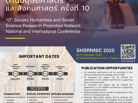 สมาคมเครือข่ายส่งเสริมการวิจัยทางมนุษยศาสตร์และสังคมศาสตร์ จัดประชุมวิชาการระดับชาติและนานาชาติ "เครือข่ายส่งเสริมการวิจัยด้านมนุษยศาสตร์และสังคมศาสตร์" ครั้งที่ 10