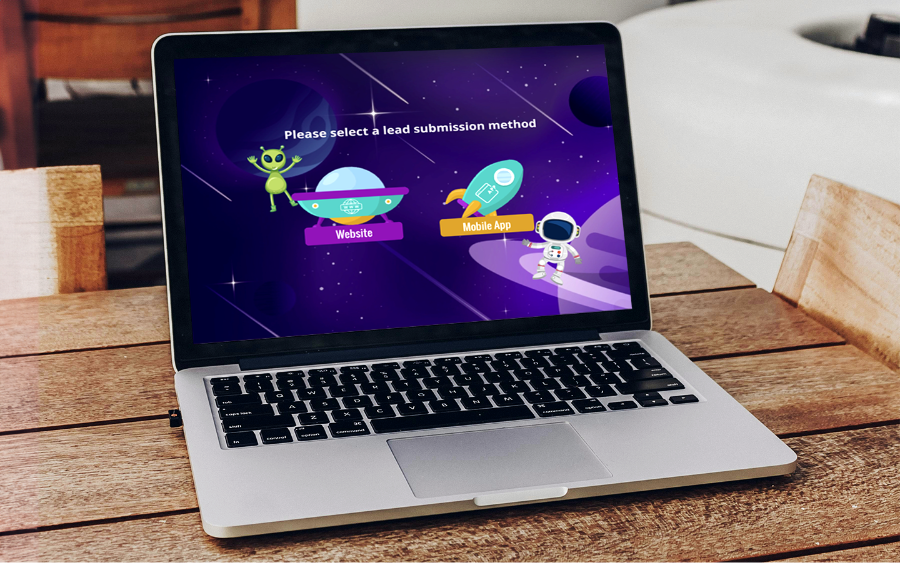 A laptop with a space-themed lead submission eLearn module on the screen.