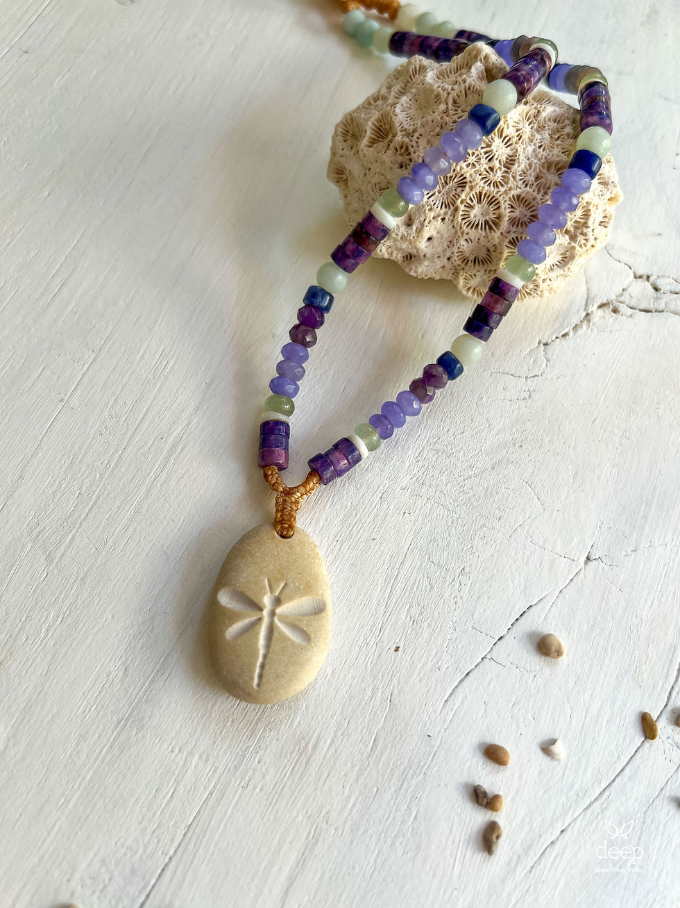 Purple gemstone necklace with natural sea stone dragonfly pendant