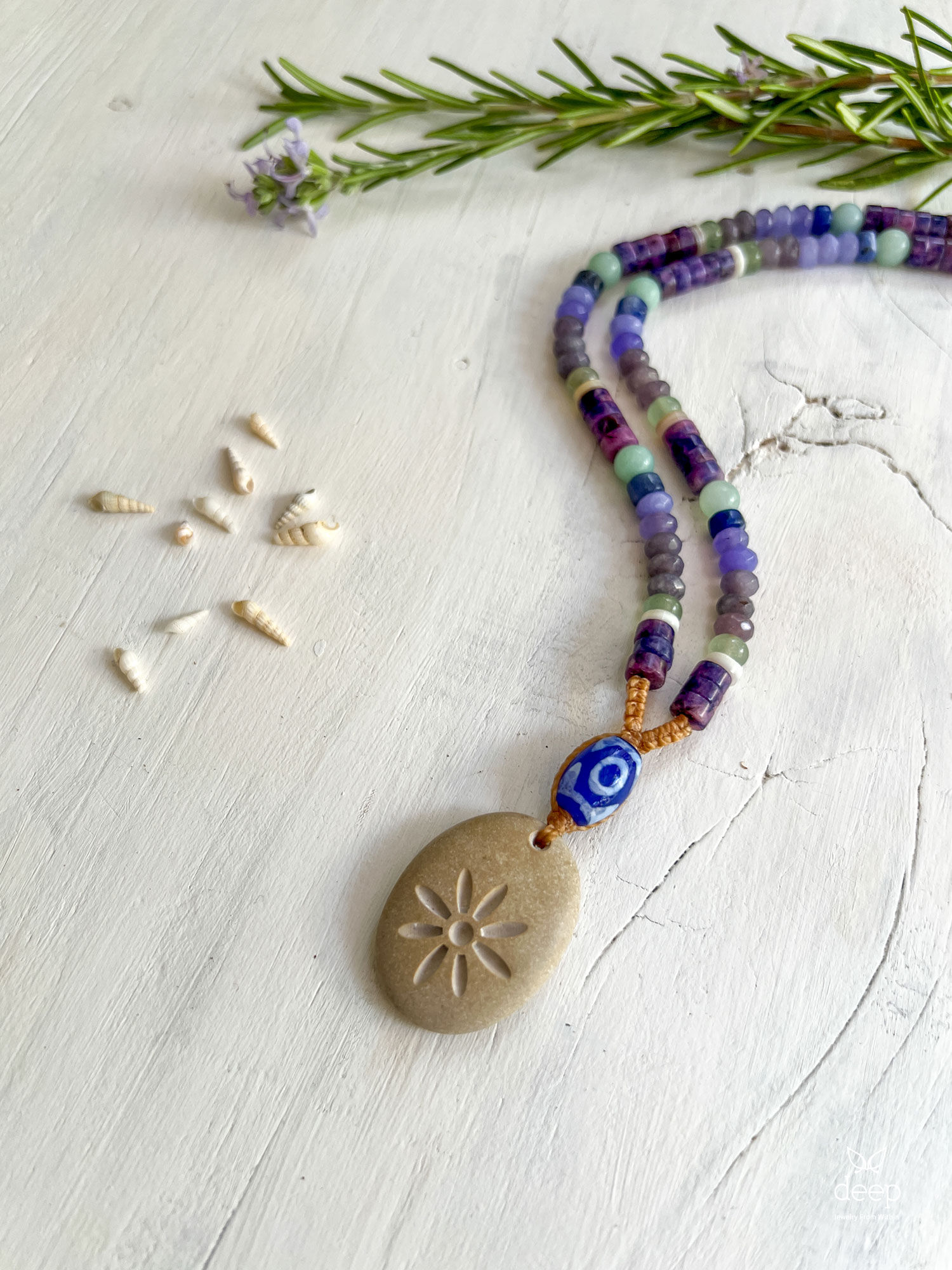 Purple gemstone women necklace with natural sea stone pendant