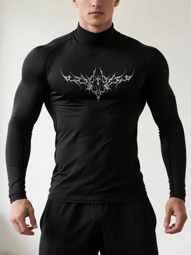 Thumbnail: Men's Gothic Print Quick-Drying Long Sleeve Fitness Workout Stretch Tight Top Hi