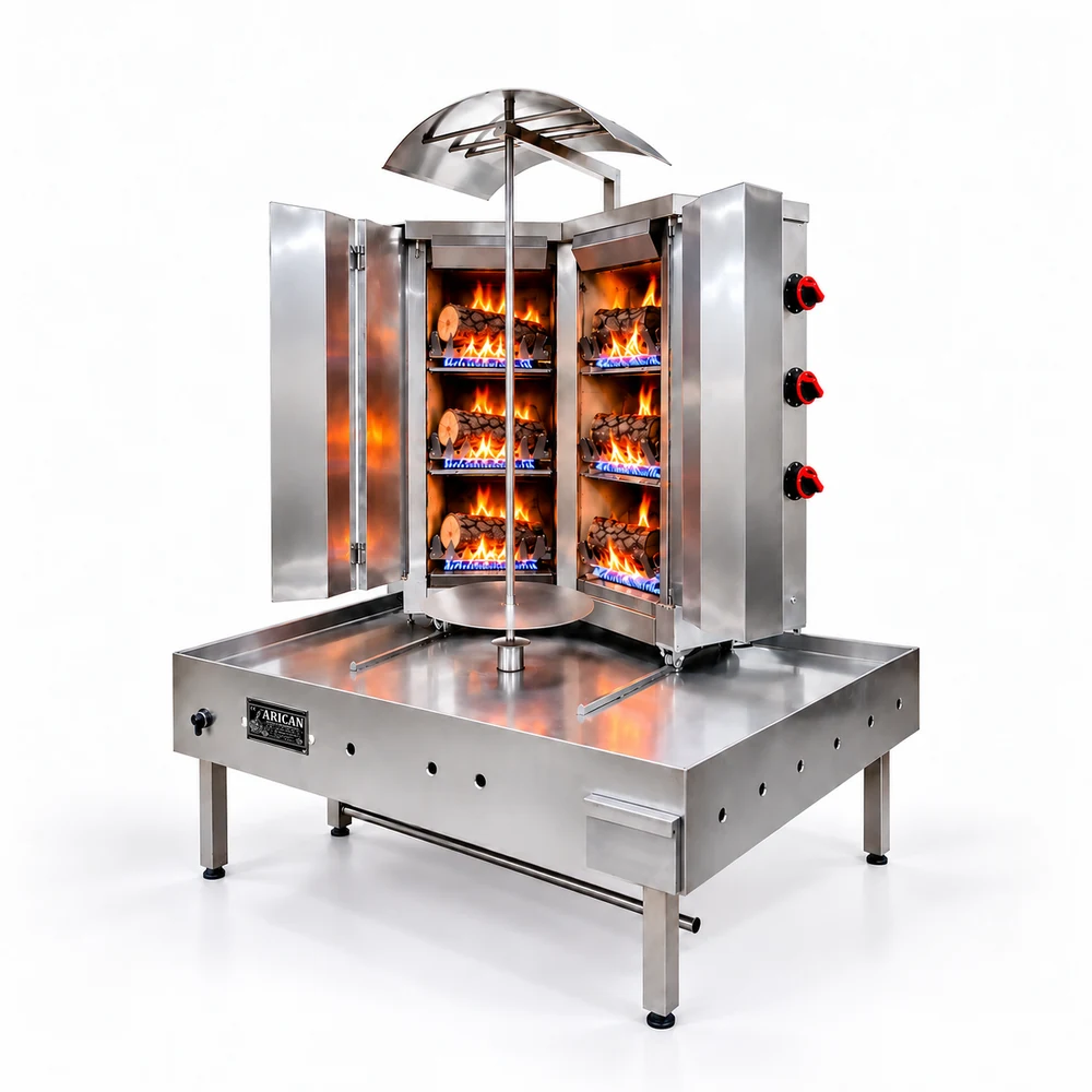 Gas- und Holz-Dönergrill · V-Form · 3+3 Brenner · Edelstahl