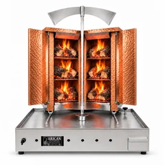 Machine à döner au bois et au charbon · En V · 3+3 niveaux de combustible · Habillage cuivre