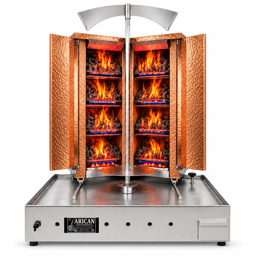 V-type gas & lava-stone doner machine · 4+4 burners · Copper cladding — ARC LDCV004
