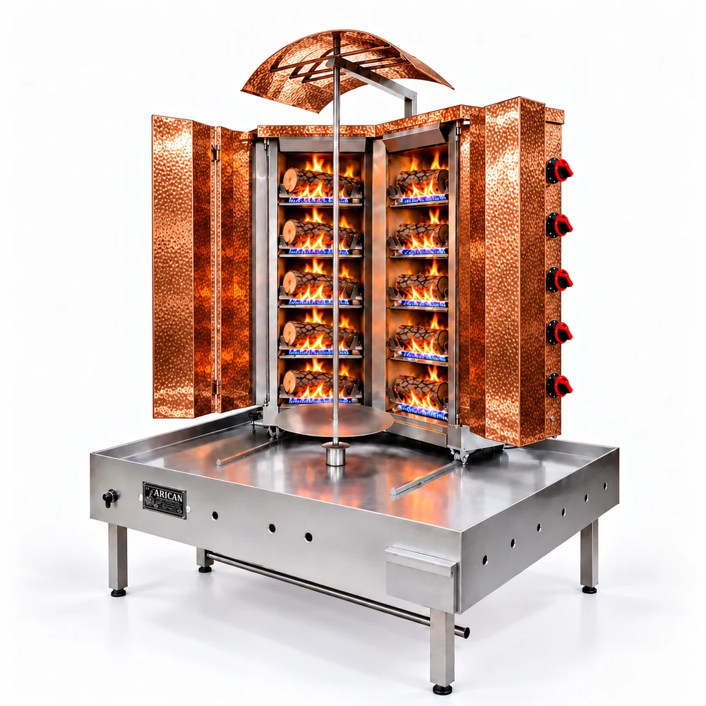 Gas- und Holz-Dönergrill · V-Form · 5+5 Brenner · Kupferverkleidung