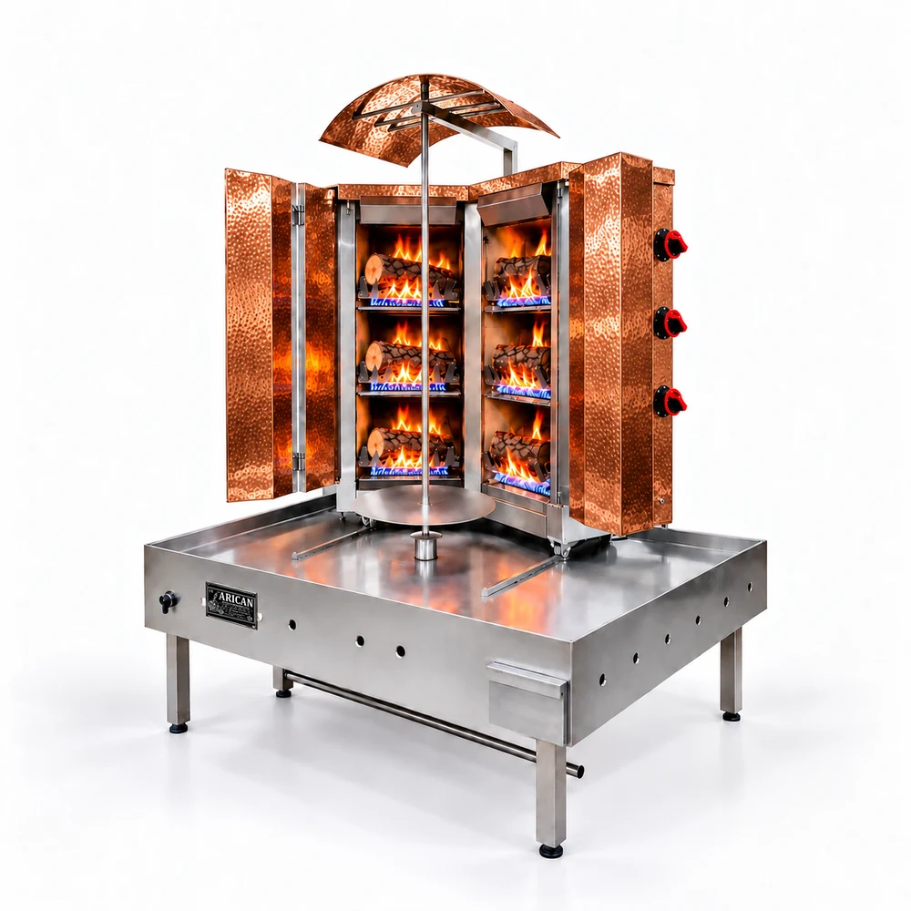 Gas- und Holz-Dönergrill · V-Form · 3+3 Brenner · Kupferverkleidung