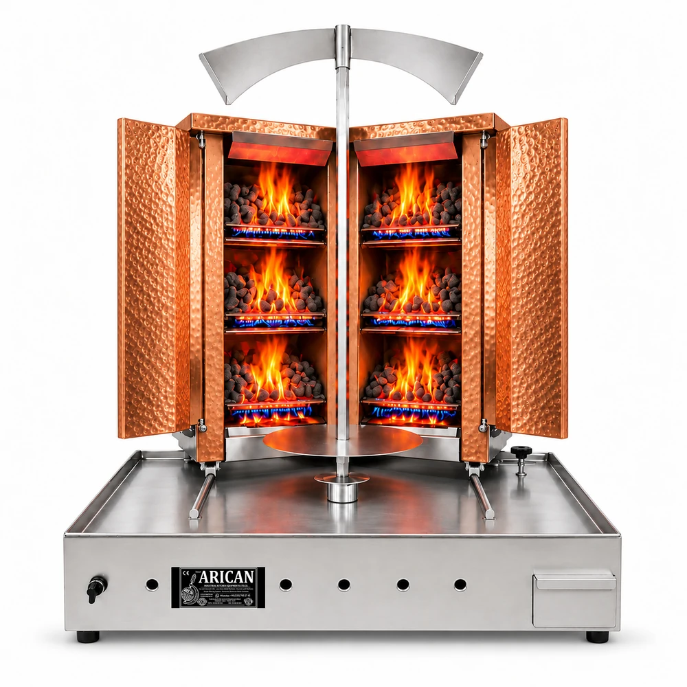 V-type gas & lava-stone doner machine · 3+3 burners · Copper cladding