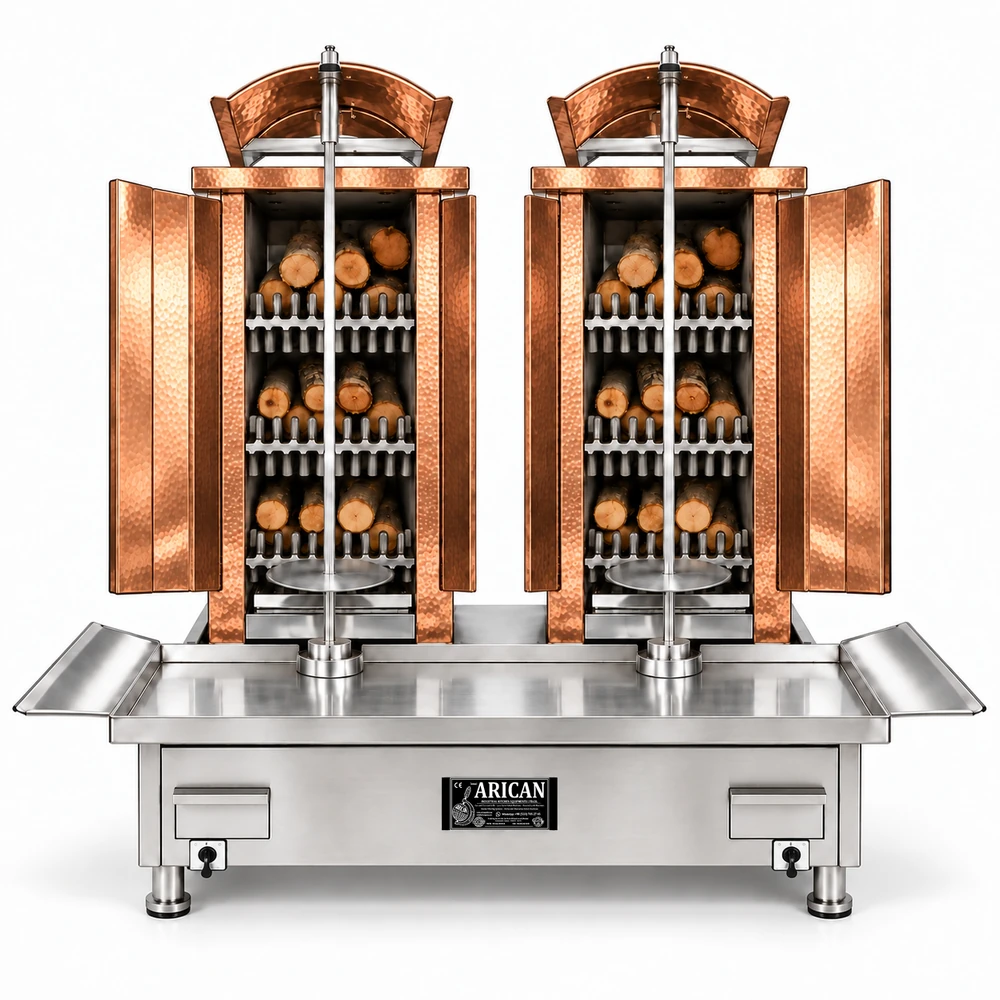 Wood & charcoal doner machine · Double · 3+3 fuel levels · Copper cladding