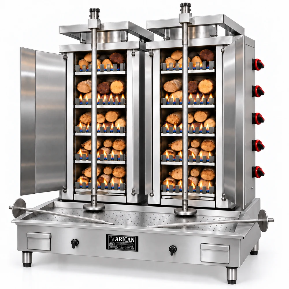 Gas- und Holz-Dönergrill · Doppelgerät · 5+5 Brenner · Edelstahl
