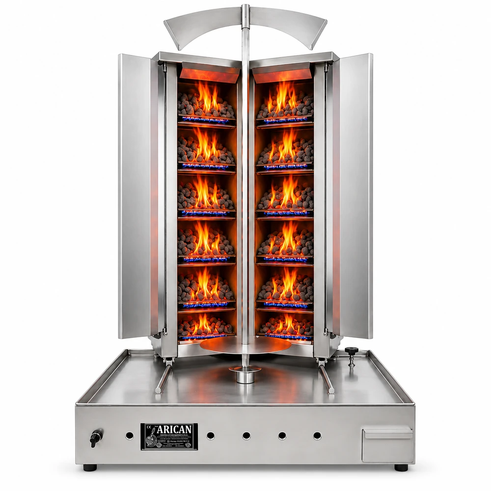 V-type gas & lava-stone doner machine · 6+6 burners · Stainless steel
