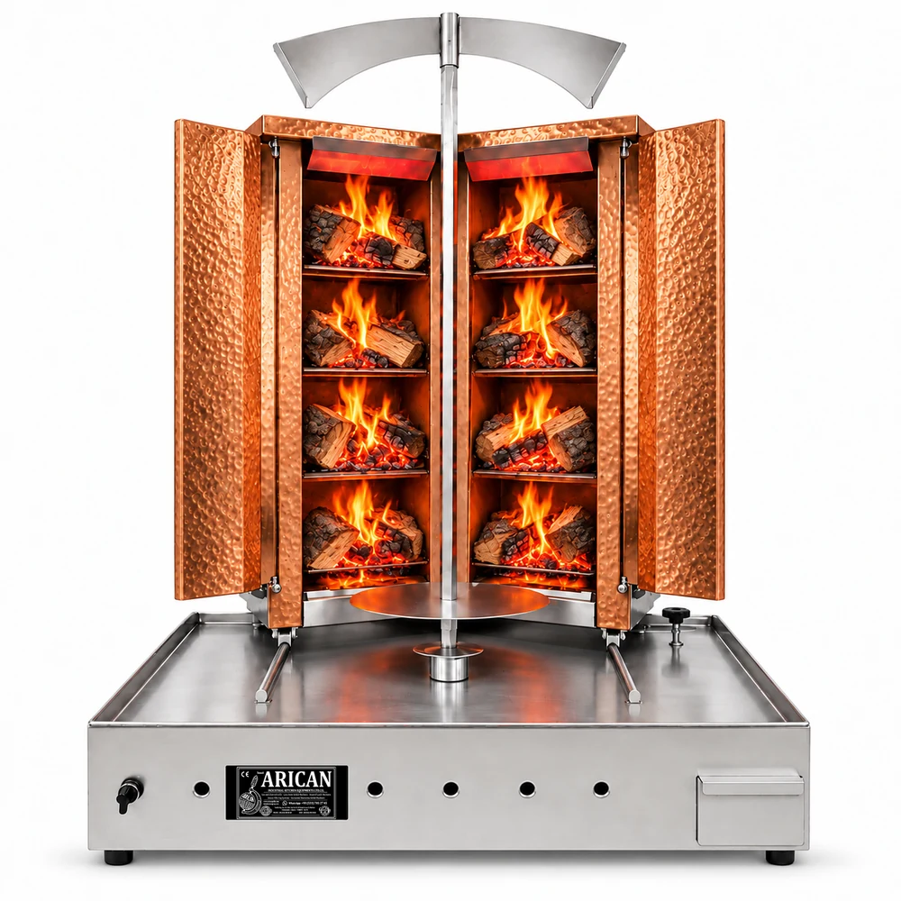 Wood & charcoal doner machine · V-type · 4+4 fuel levels · Copper cladding