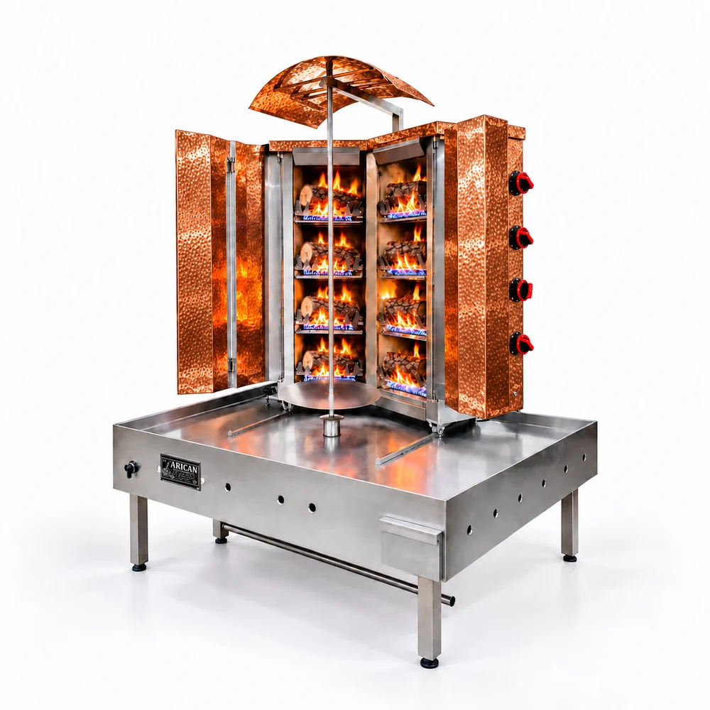 Gas- und Holz-Dönergrill · V-Form · 4+4 Brenner · Kupferverkleidung