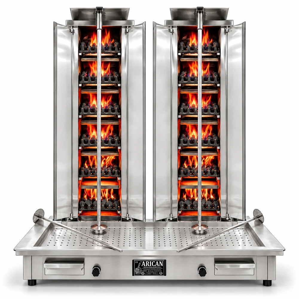 Doppel-Dönergrill mit Gas und Lavasteinen · 6+6 Brenner · Edelstahl