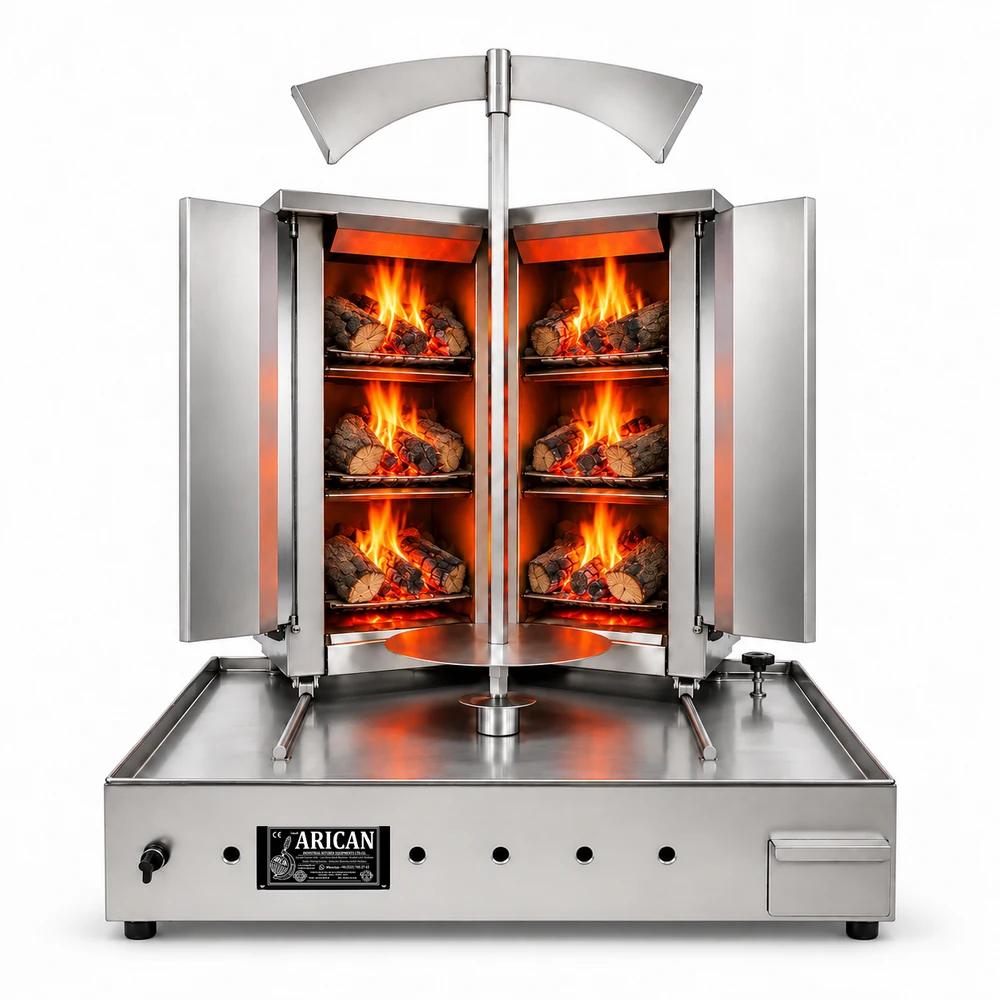 Wood & charcoal doner machine · V-type · 3+3 fuel levels · Stainless steel