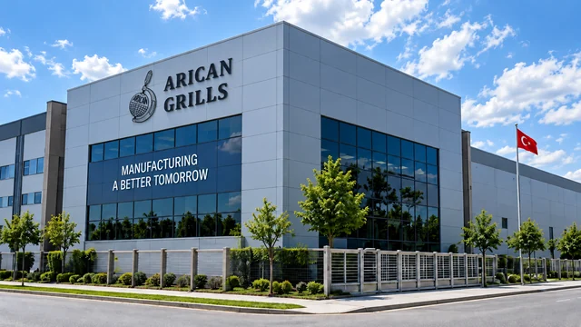 Arican Grills factory exterior with the micrometer emblem