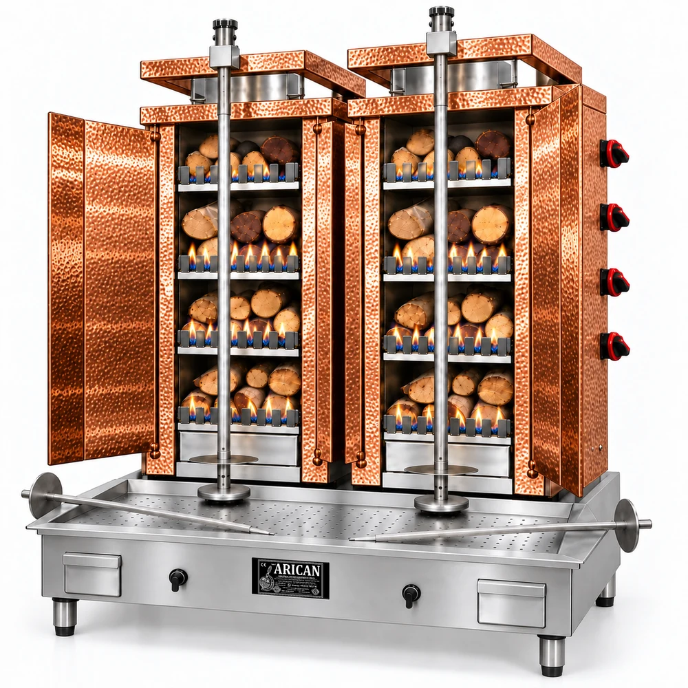 Gas- und Holz-Dönergrill · Doppelgerät · 4+4 Brenner · Kupferverkleidung