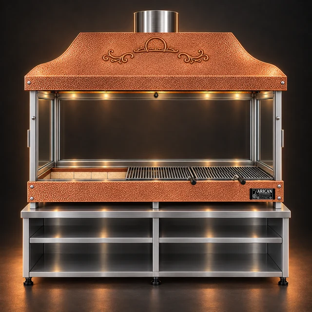 Copper hood, glass & cabinet charcoal grills