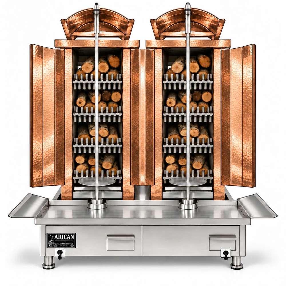 Wood & charcoal doner machine · Double · 4+4 fuel levels · Copper cladding