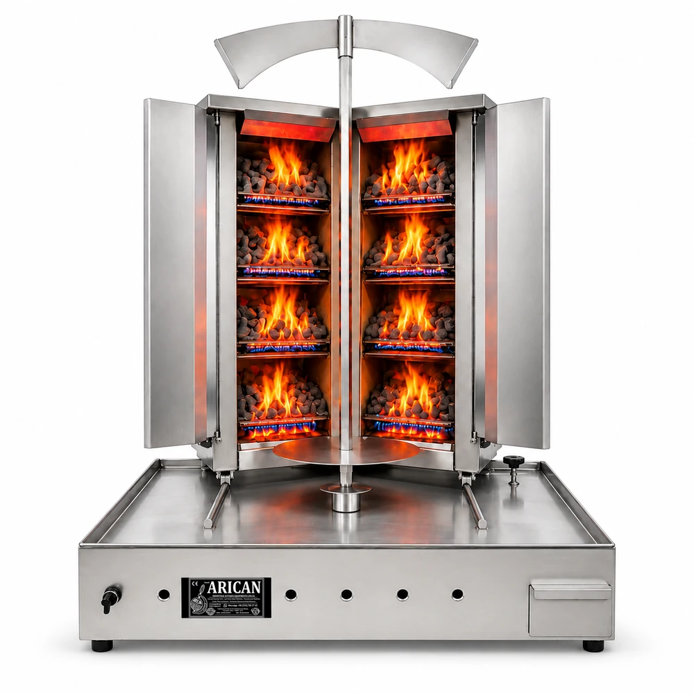 V-type gas & lava-stone doner machine · 4+4 burners · Stainless steel — ARC LDV004