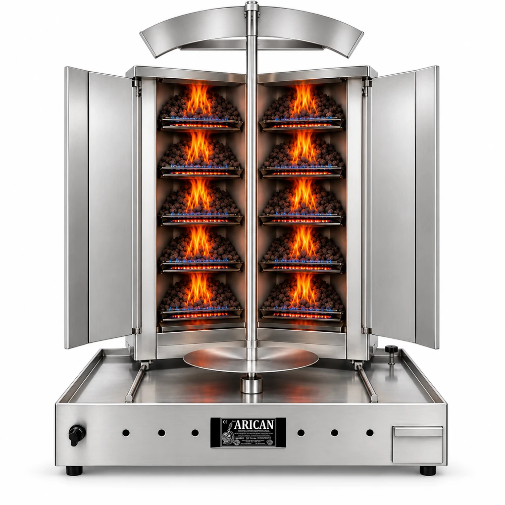 V-type gas & lava-stone doner machine · 5+5 burners · Stainless steel — ARC LDV006