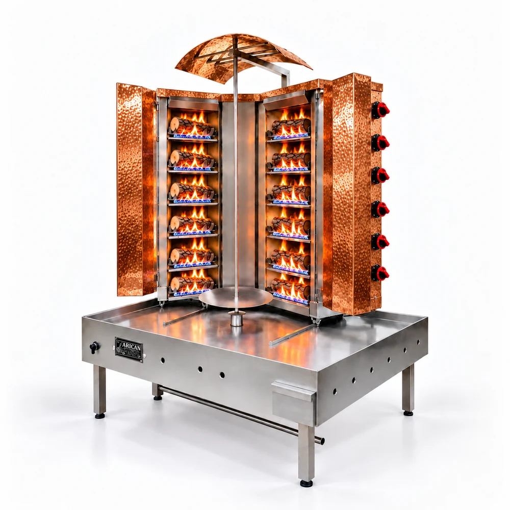 Gas- und Holz-Dönergrill · V-Form · 6+6 Brenner · Kupferverkleidung