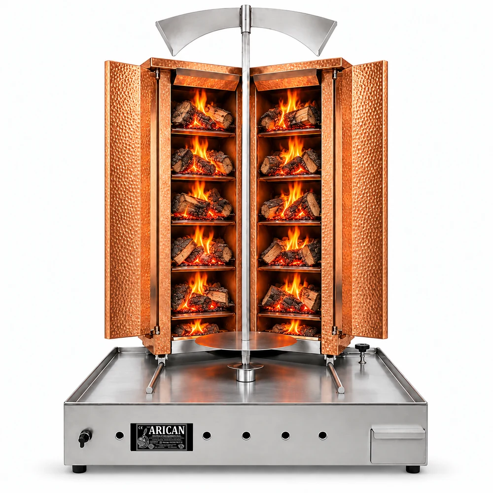 Wood & charcoal doner machine · V-type · 6+6 fuel levels · Copper cladding