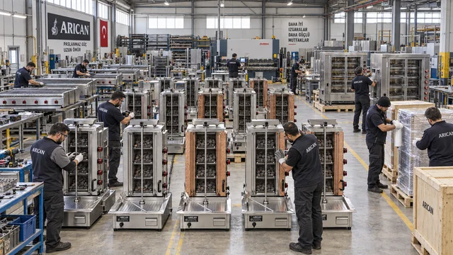 Arican Grills workshop with doner machines, chicken rotisseries and grills in assembly