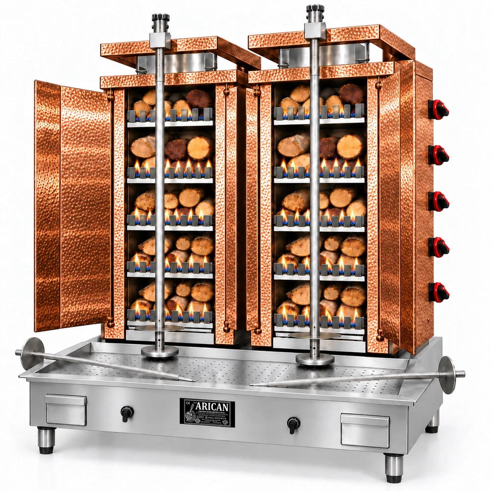 Gas- und Holz-Dönergrill · Doppelgerät · 5+5 Brenner · Kupferverkleidung