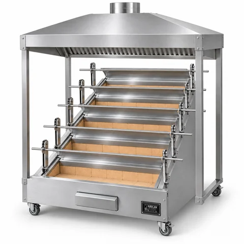Hooded charcoal rotisserie · 5 spits