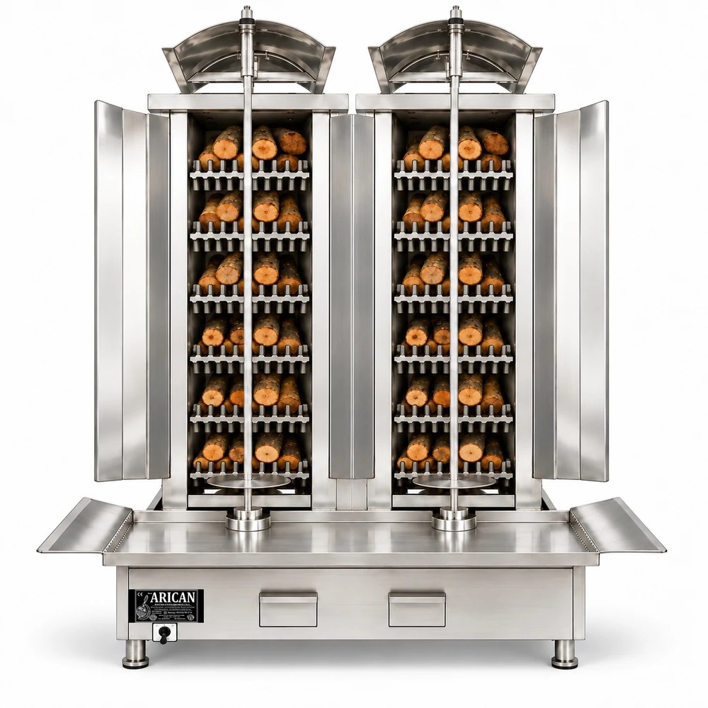 Wood & charcoal doner machine · Double · 6+6 fuel levels · Stainless steel