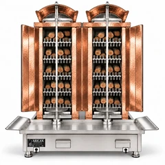 Wood & charcoal doner machine · Double · 5+5 fuel levels · Copper cladding