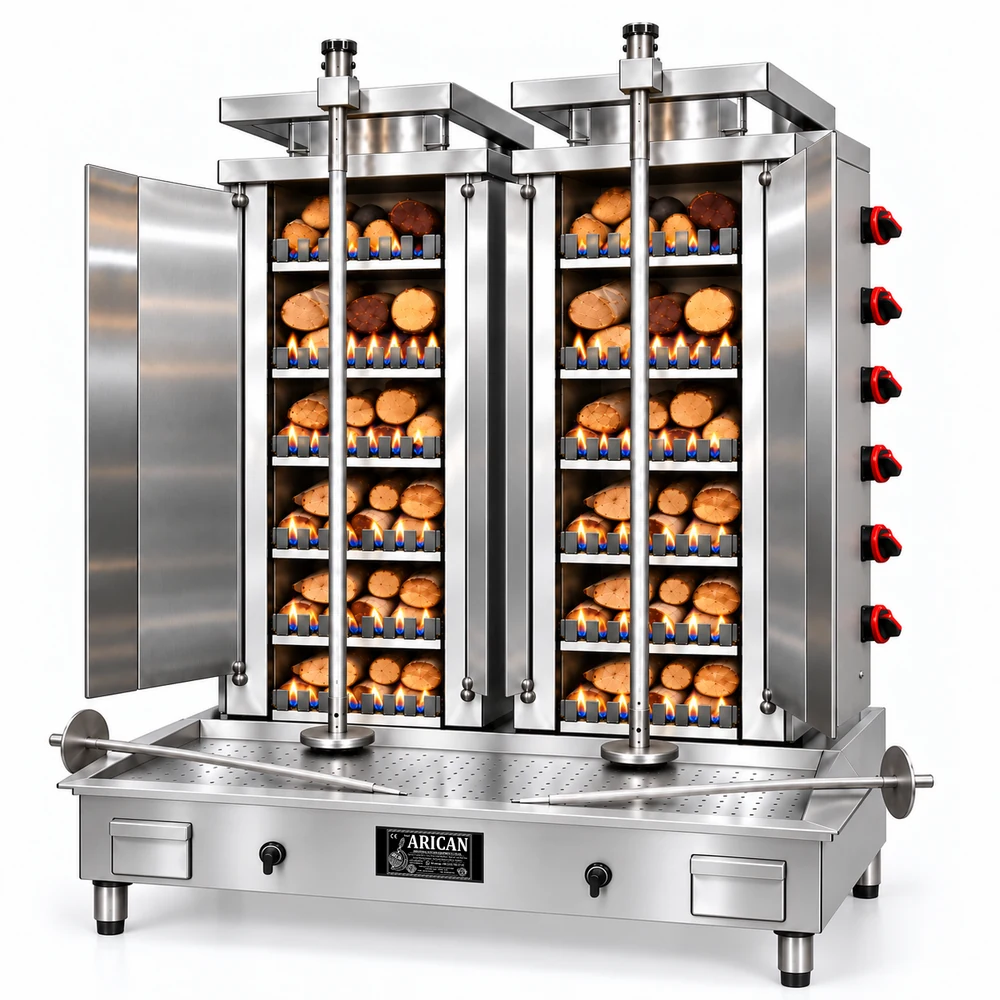 Gas- und Holz-Dönergrill · Doppelgerät · 6+6 Brenner · Edelstahl