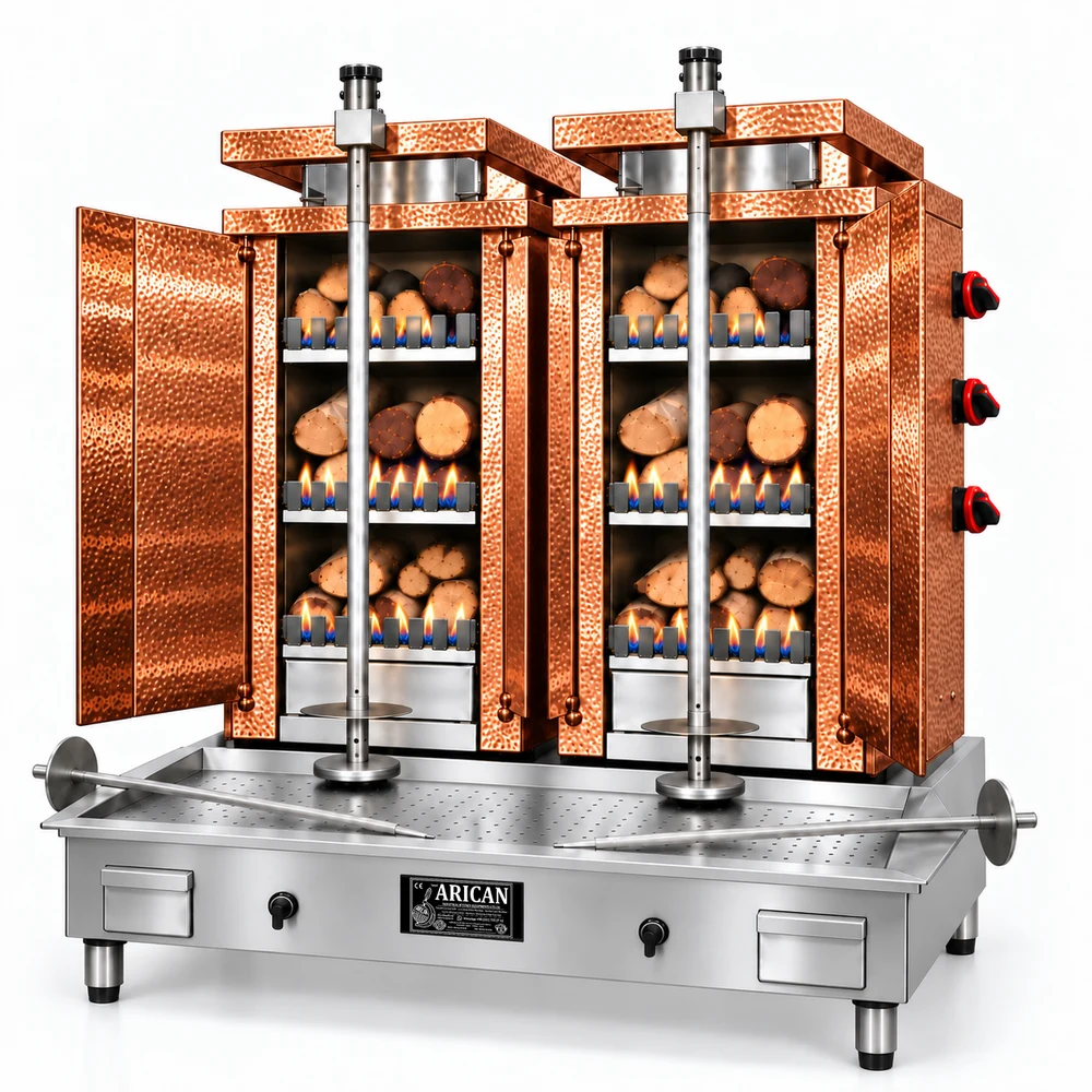 Gas- und Holz-Dönergrill · Doppelgerät · 3+3 Brenner · Kupferverkleidung
