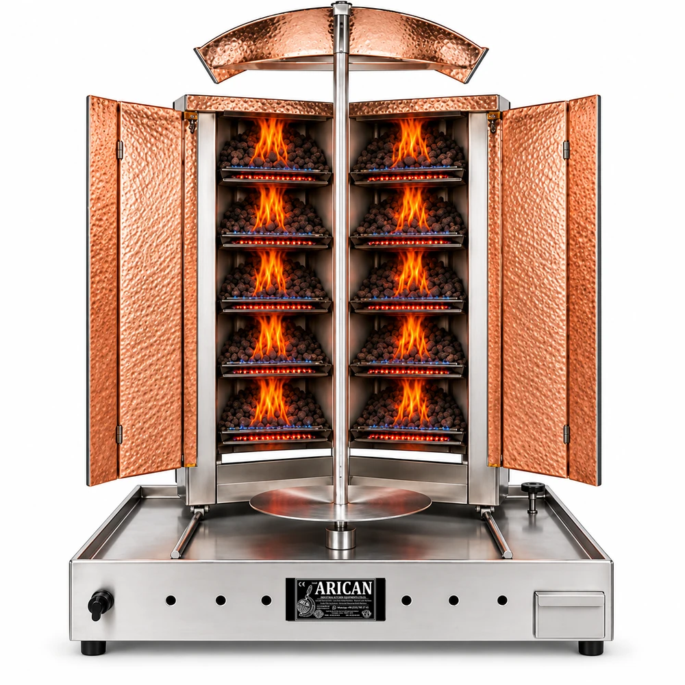 V-type gas & lava-stone doner machine · 5+5 burners · Copper cladding — ARC LDCV006