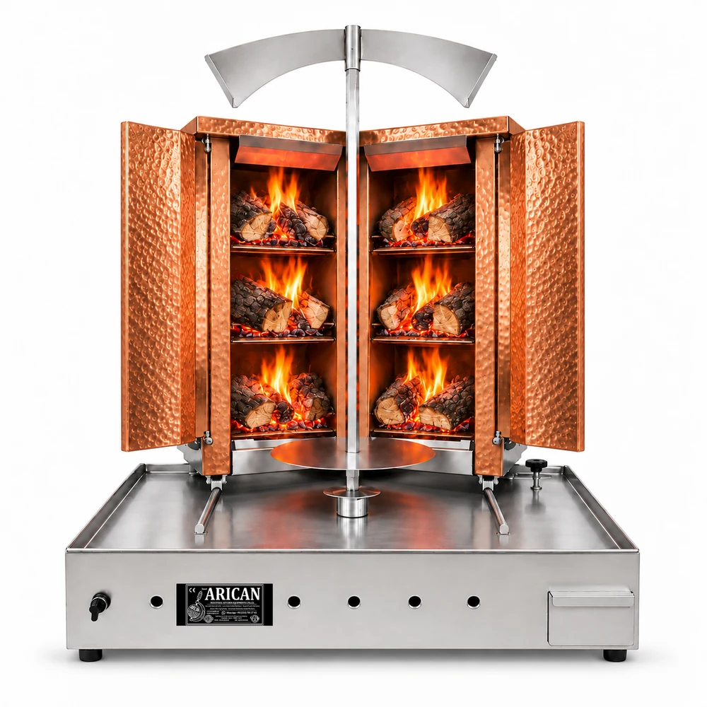 Wood & charcoal doner machine · V-type · 3+3 fuel levels · Copper cladding