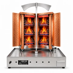 V-type gas & lava-stone doner machine · 3+3 burners · Copper cladding