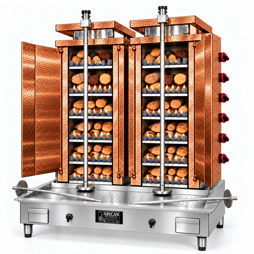 Gas- und Holz-Dönergrill · Doppelgerät · 6+6 Brenner · Kupferverkleidung