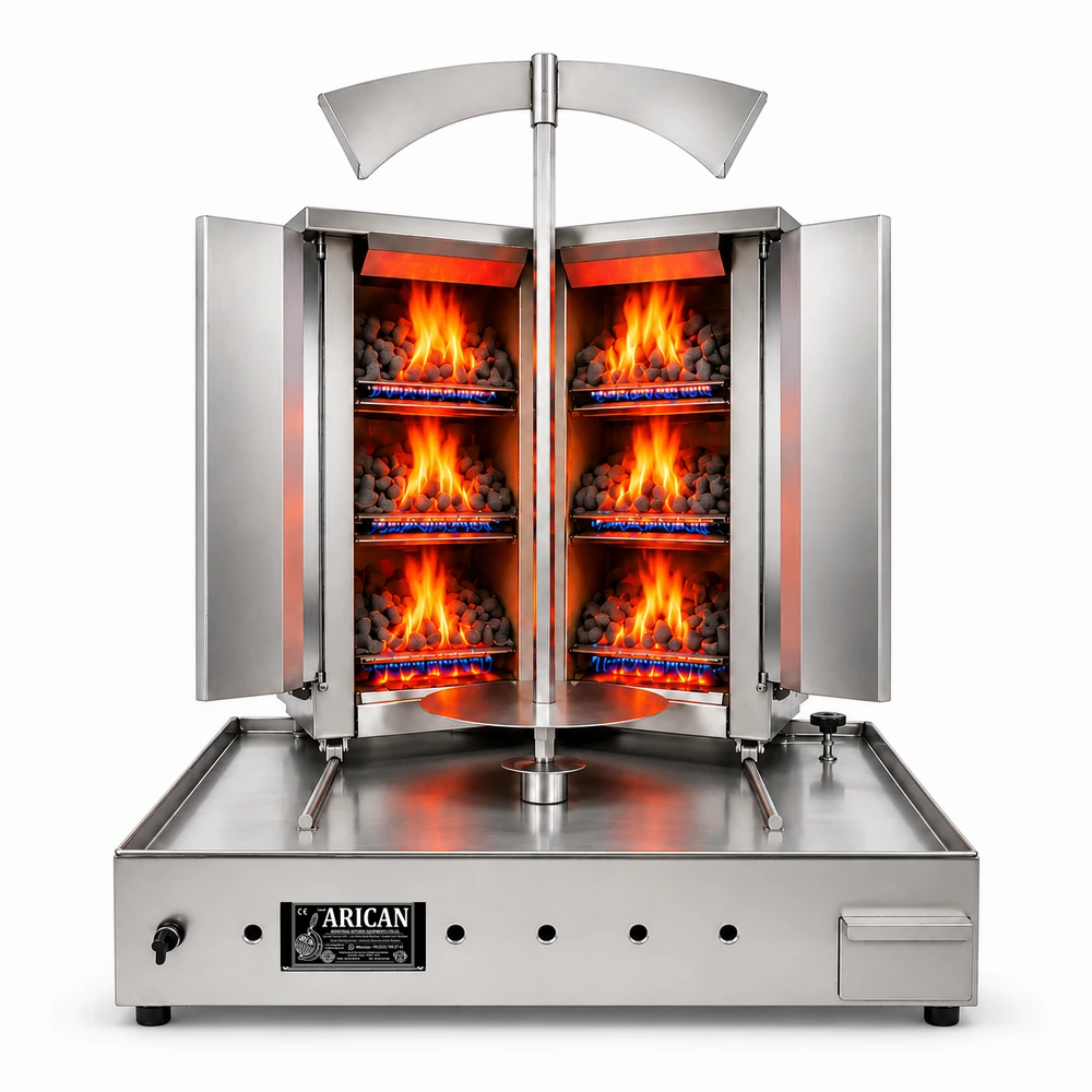 V-type gas & lava-stone doner machine · 3+3 burners · Stainless steel