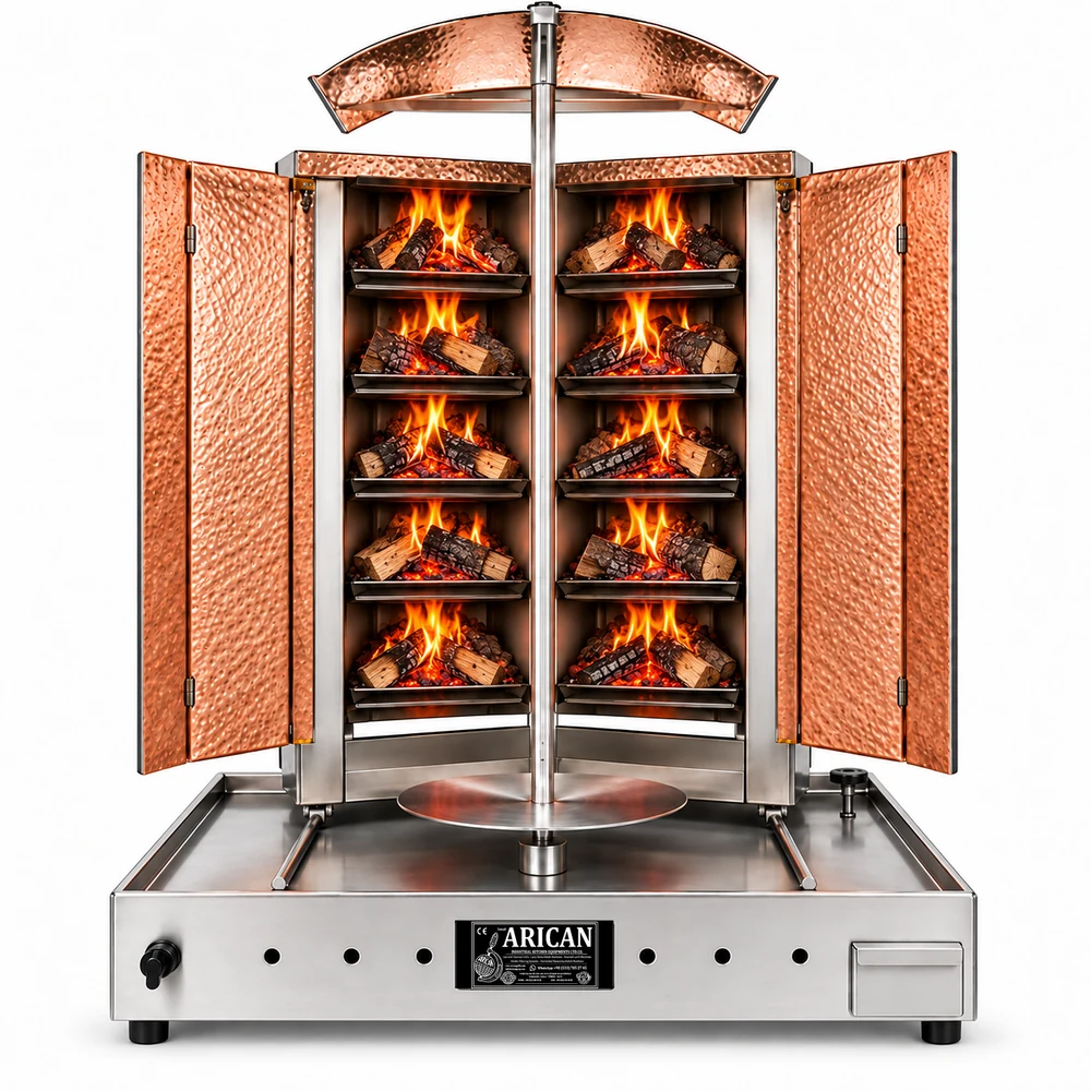 Wood & charcoal doner machine · V-type · 5+5 fuel levels · Copper cladding