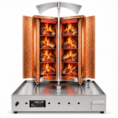 Machine à döner au bois et au charbon · En V · 4+4 niveaux de combustible · Habillage cuivre