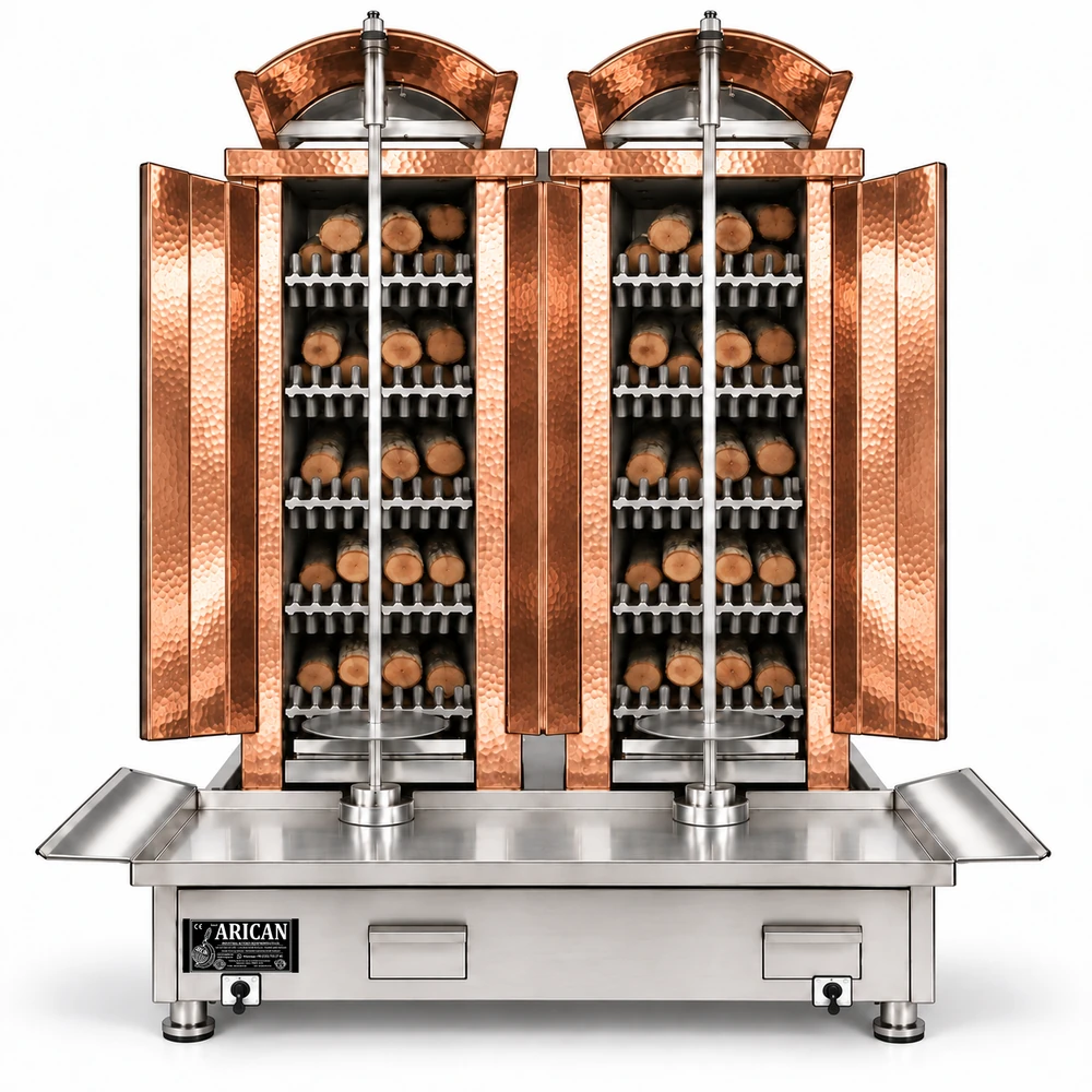 Wood & charcoal doner machine · Double · 5+5 fuel levels · Copper cladding