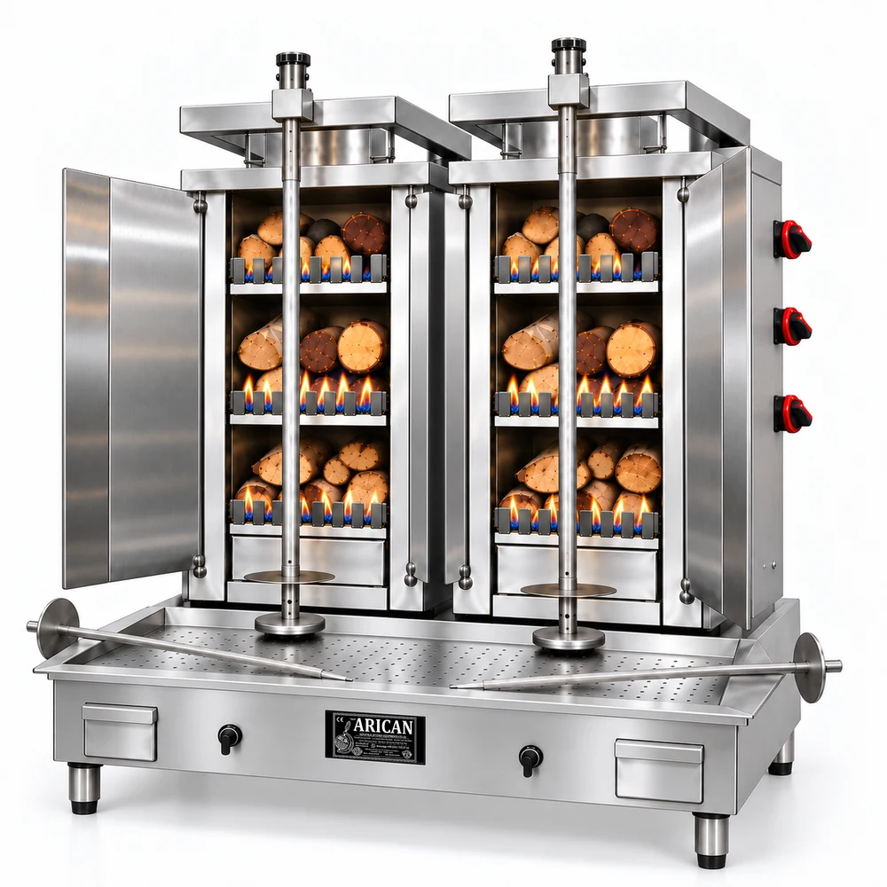 Gas- und Holz-Dönergrill · Doppelgerät · 3+3 Brenner · Edelstahl