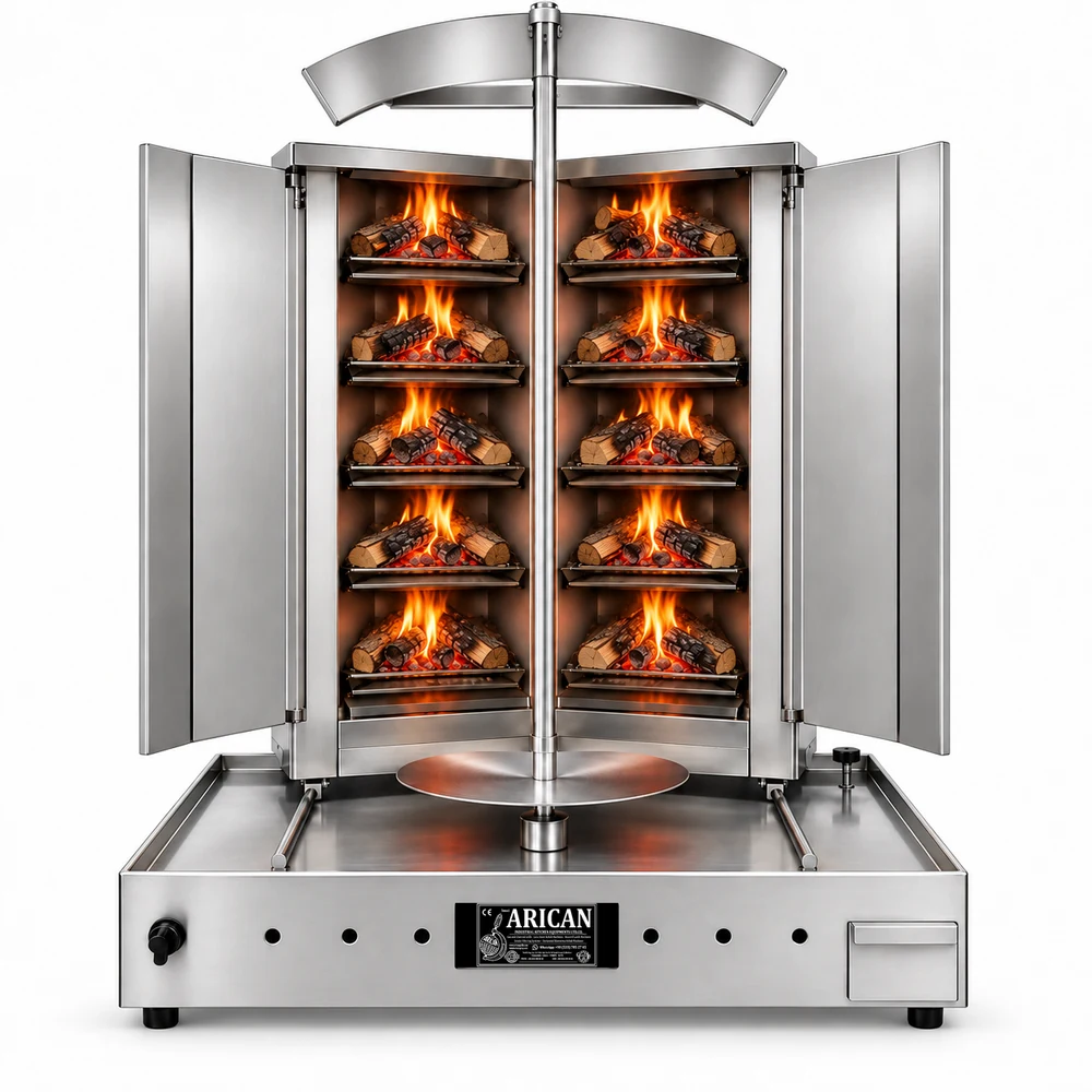 Wood & charcoal doner machine · V-type · 5+5 fuel levels · Stainless steel