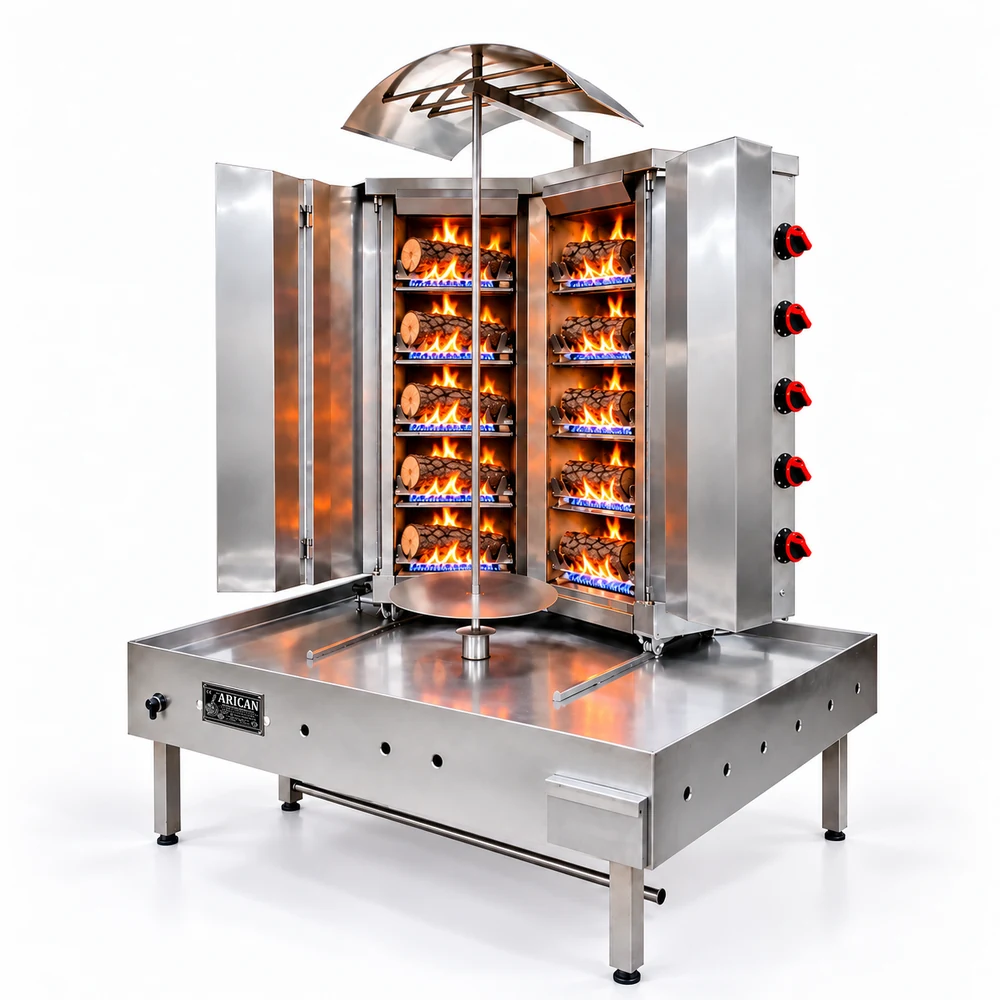 Gas- und Holz-Dönergrill · V-Form · 5+5 Brenner · Edelstahl