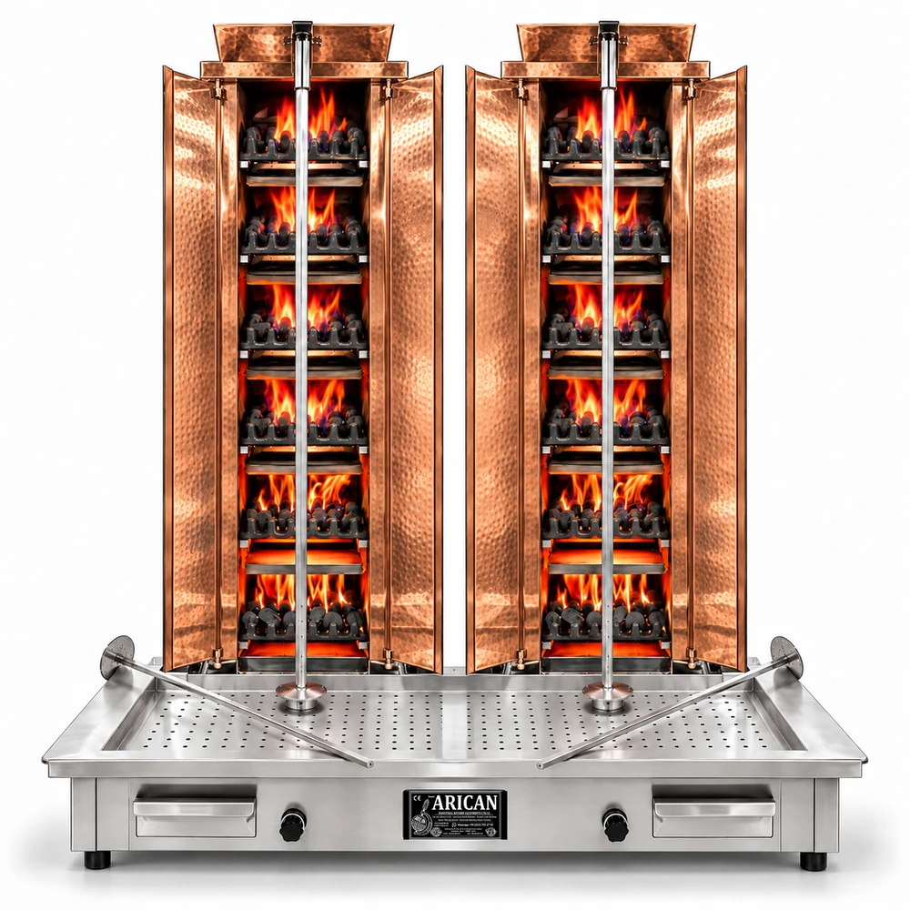 Doppel-Dönergrill mit Gas und Lavasteinen · 6+6 Brenner · Kupferverkleidung