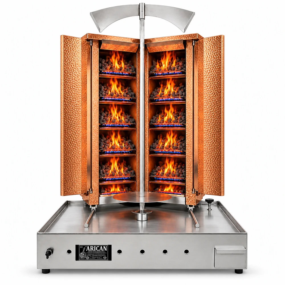 V-type gas & lava-stone doner machine · 6+6 burners · Copper cladding
