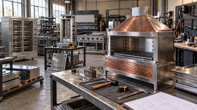 Arican Grills workshop with doner machines, chicken rotisseries and grills in assembly