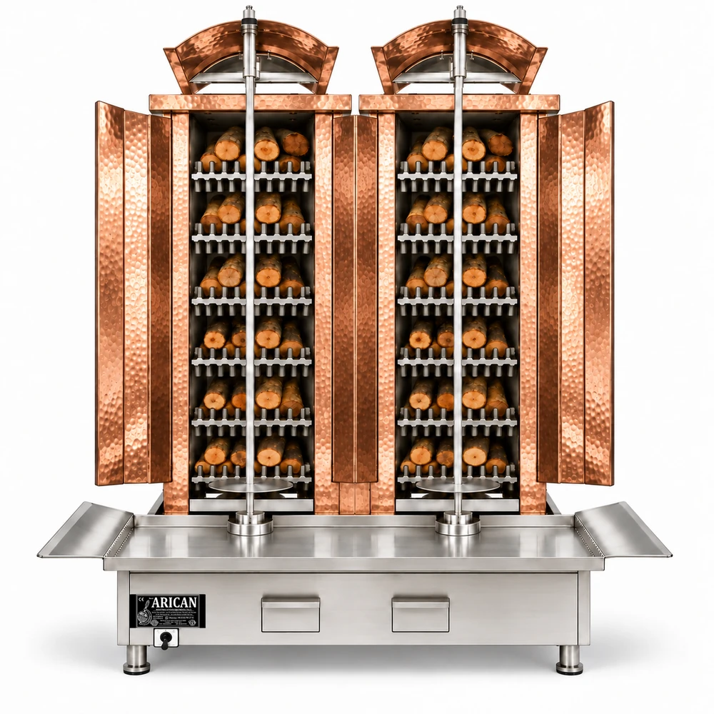 Wood & charcoal doner machine · Double · 6+6 fuel levels · Copper cladding